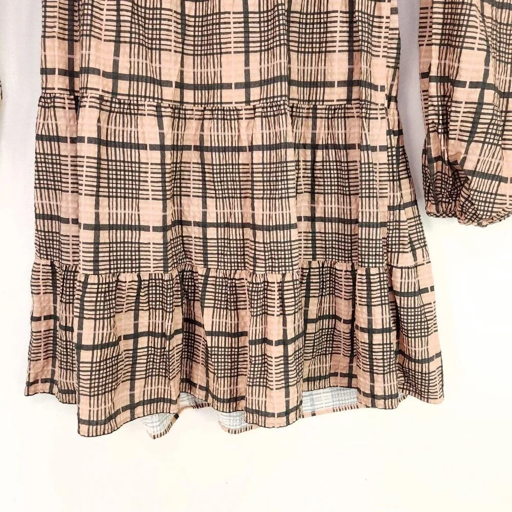 Topshop Babydoll Mini Dress Balloon Long Sleeve Size 4 Boho Gingham Brown - Picture 14 of 15